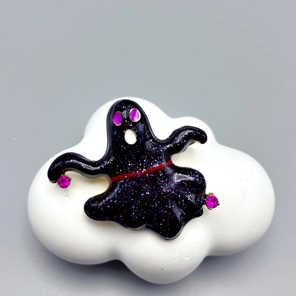 EtherealBe Halloween brooch pins featuring a sparkling black ghost design with pink accents