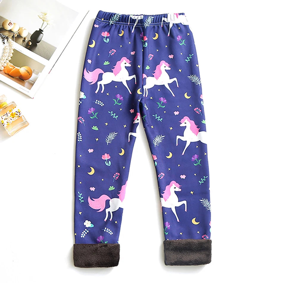 Girls Warm Plush Long Pants for Autumn Spring Cartoon Butterfly Striped Soft Cozy Leggings Fleece-Lined Bottoms Kids Casual Wear