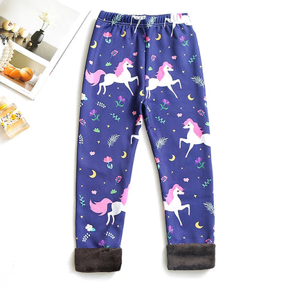 Girls Warm Plush Long Pants for Autumn Spring Cartoon Butterfly Striped Soft Cozy Leggings Fleece-Lined Bottoms Kids Casual Wear