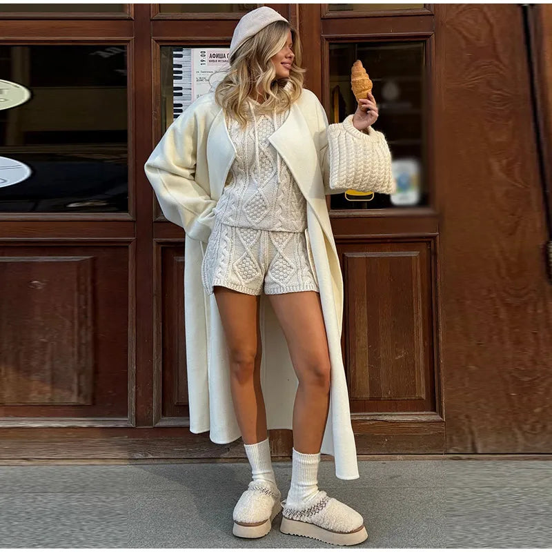 White Cable Knit Argyle Hooded Co-ord Set Long Sleeve Sweater Bodycon Shorts 2025 Cozy Retro Women Sets Daiy Casual Lady Outfit