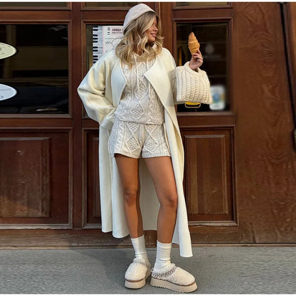 White Cable Knit Argyle Hooded Co-ord Set Long Sleeve Sweater Bodycon Shorts 2025 Cozy Retro Women Sets Daiy Casual Lady Outfit