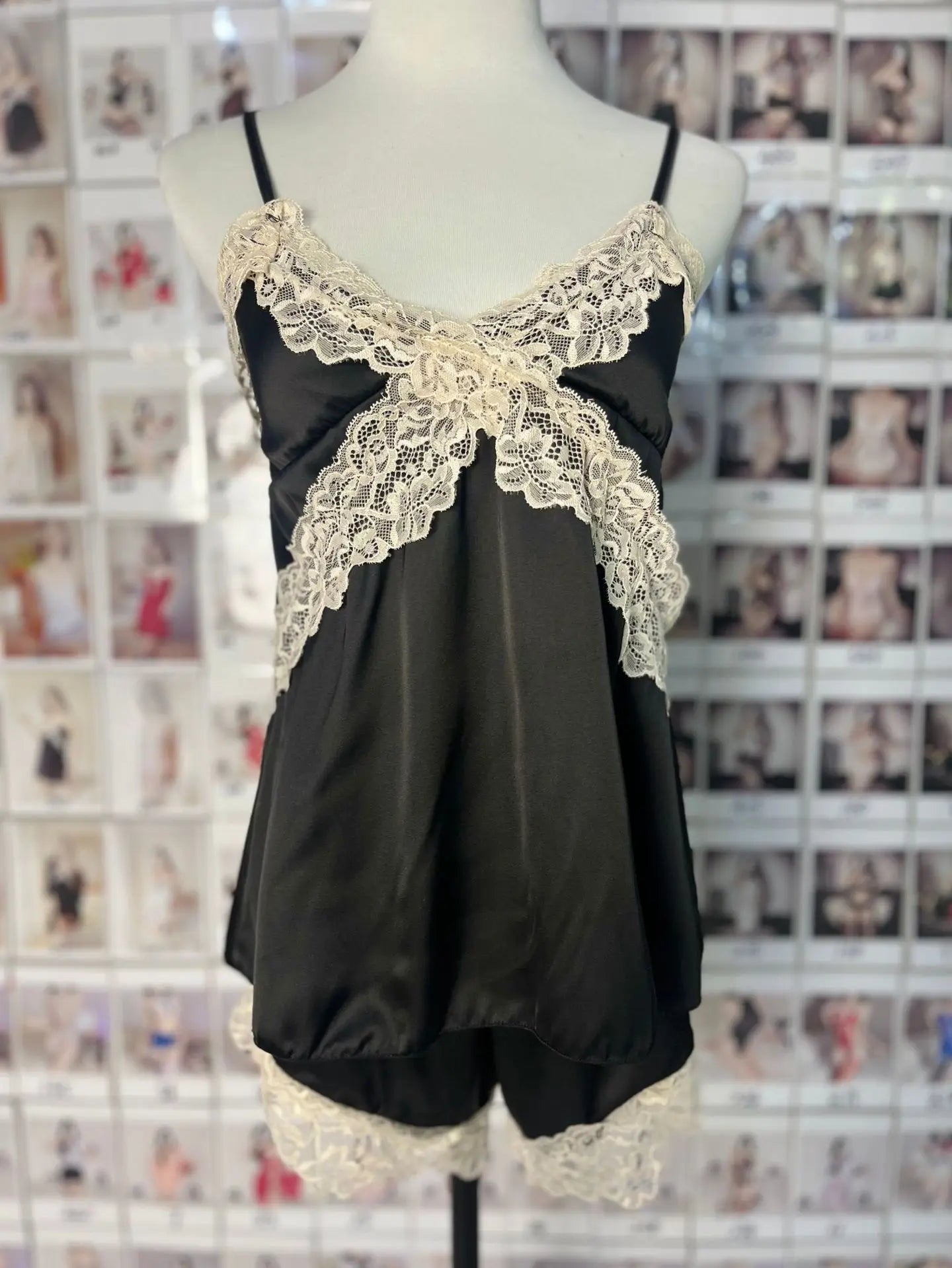 Womens Sexy Satin Pajama Set Lace Trim Cami Top Shorts Lingerie Sleepwear Silky Black Cream V Neck Spaghetti Strap Two Piece