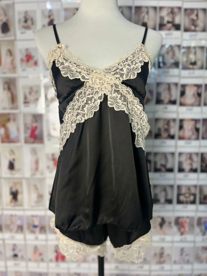 Womens Sexy Satin Pajama Set Lace Trim Cami Top Shorts Lingerie Sleepwear Silky Black Cream V Neck Spaghetti Strap Two Piece