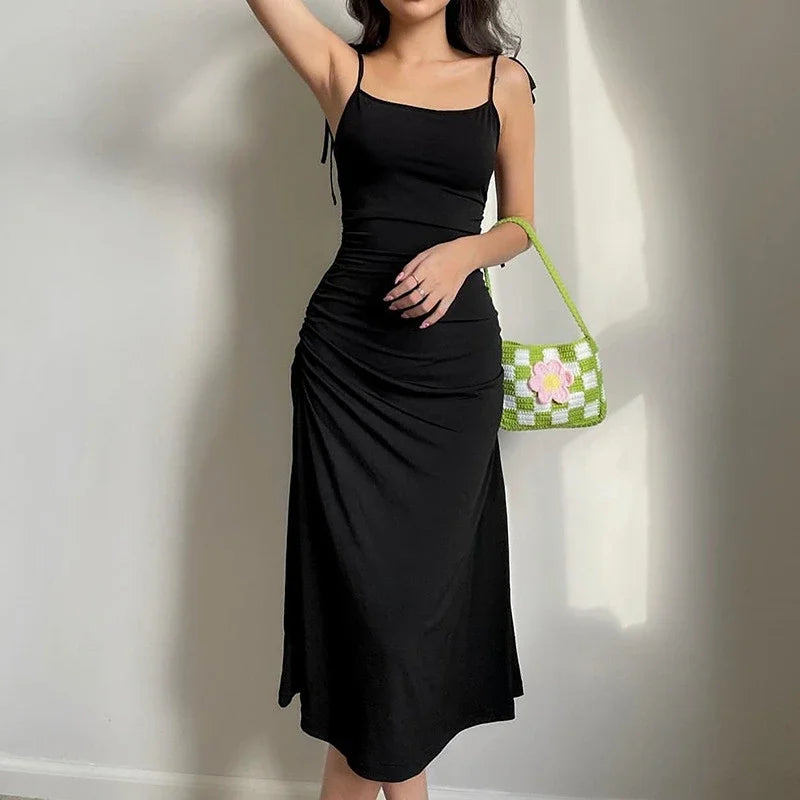 Fashion Strappy Ruched Sexy Black Dress Irregular Elegant Backless Long Dress Party Summer Dresses Women Clothes Vintage Dress