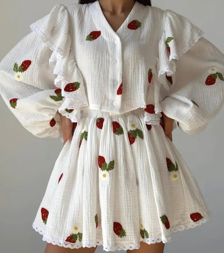 Spring And Summer New Fashion Ruffle Edge Long Sleeved Printed Shirt + Elastic Waist Short Skirt Set For Women,4 Colors