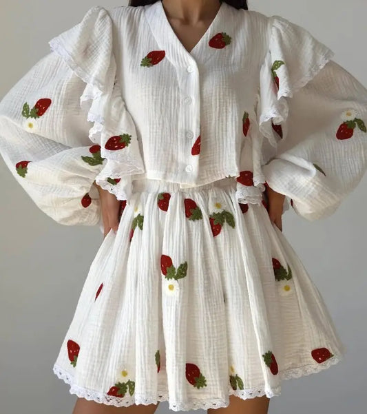 Spring And Summer New Fashion Ruffle Edge Long Sleeved Printed Shirt + Elastic Waist Short Skirt Set For Women,4 Colors