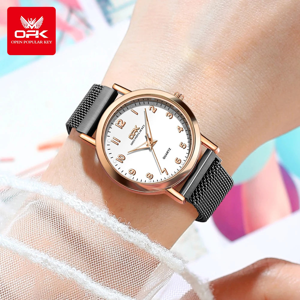 OPK 8115 Women's Watches Simple Fashion Oirginal Wristwatch for Female Stainless Steel Mesh Strap Waterproof Luminous Reloj