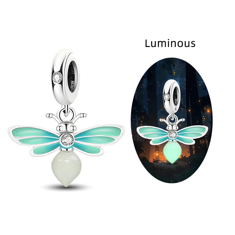 Original 925 Sterling Silver Charms Beads Glowing Luminous Bee Firefly Butterfly Pendant for Bracelet Bangle Charm DIY Jewelry
