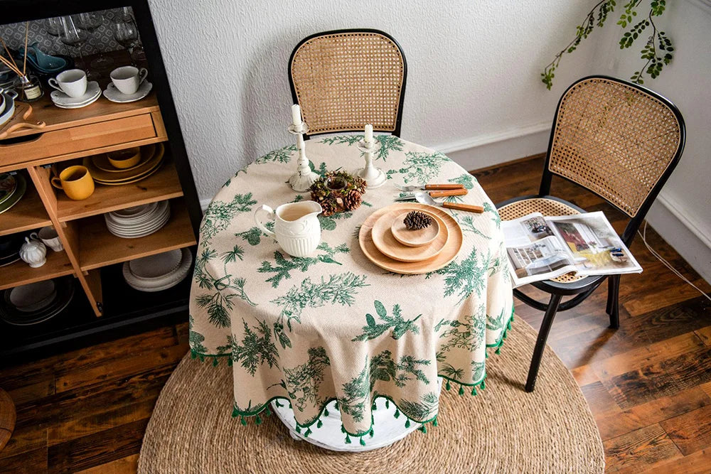 Gerring Cotton Linen Tablecloths Green Printed Table Cloth Korean Napkin Coffee Round Table Cover Wedding Table Decoration