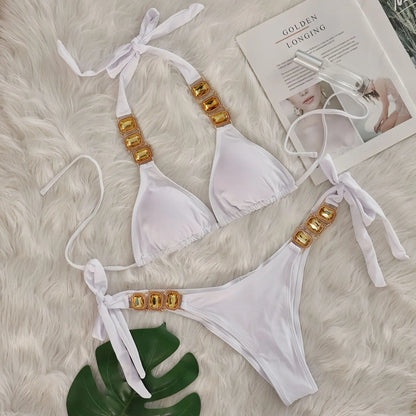 Sexy Rhinestone Bikini Set Women 2025 Luxury Pink Crystal Diamond Push Up Bandage Thong Swimsuit Beach Bathing Suit Swimwear