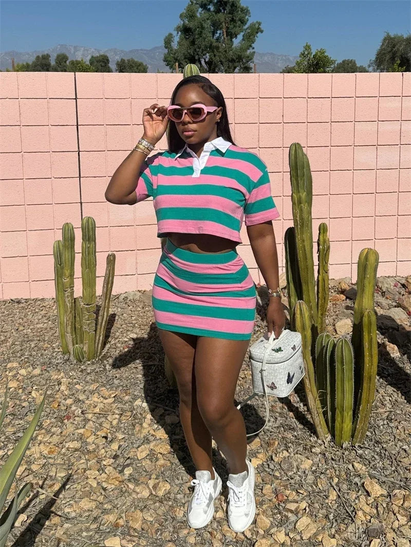 Sporty Fitness Striped Print 2 Pieces Set for Woman Streetwear Casual Turn-down Collar Shirt Crop Top and Mini Skirt Sets Summer