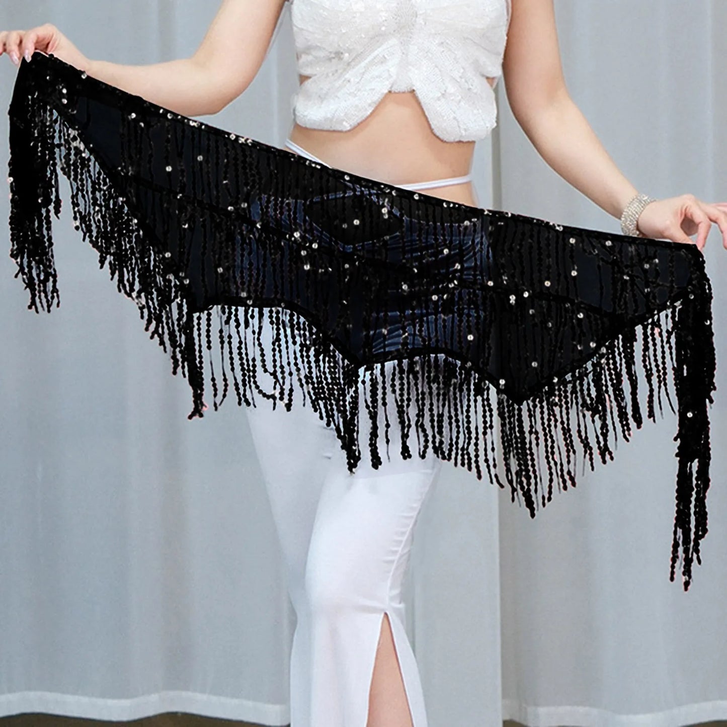 Belly Dance Skirts for Women Midi Length Women Belly Dance Training Waist Chain Short Wrap Hip Skirt With Sequin Fringe Skirts