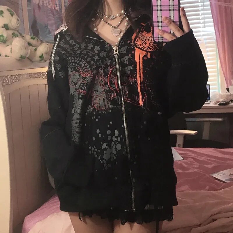 90s Vintage Grunge Mall Goth Sweatshirts Dark Academia Y2K Aesthetics Retro Zip Up Hoodies E-girl Gothic Emo Clothes Autumn Coat