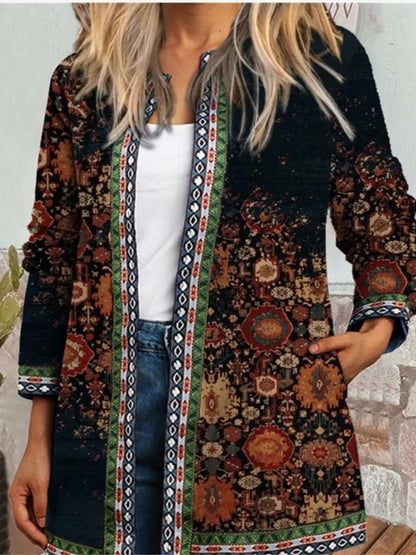 Autumn Winter Fashion Colorful Boho Floral Print Open Front Cardigan Casual Loose Long Sleeve Lightweight Jacket With Pockets