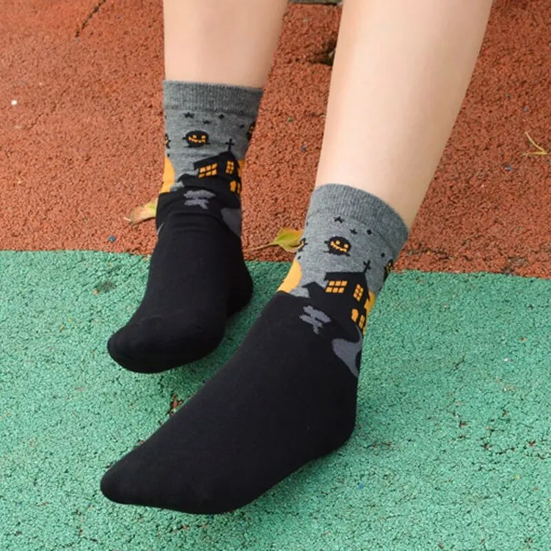 Halloween Harajuku Characteristic Couple Socks Funny Bat Pumpkin Lantern Wizard Ghost Print Men's Women's Middle Tube Socks