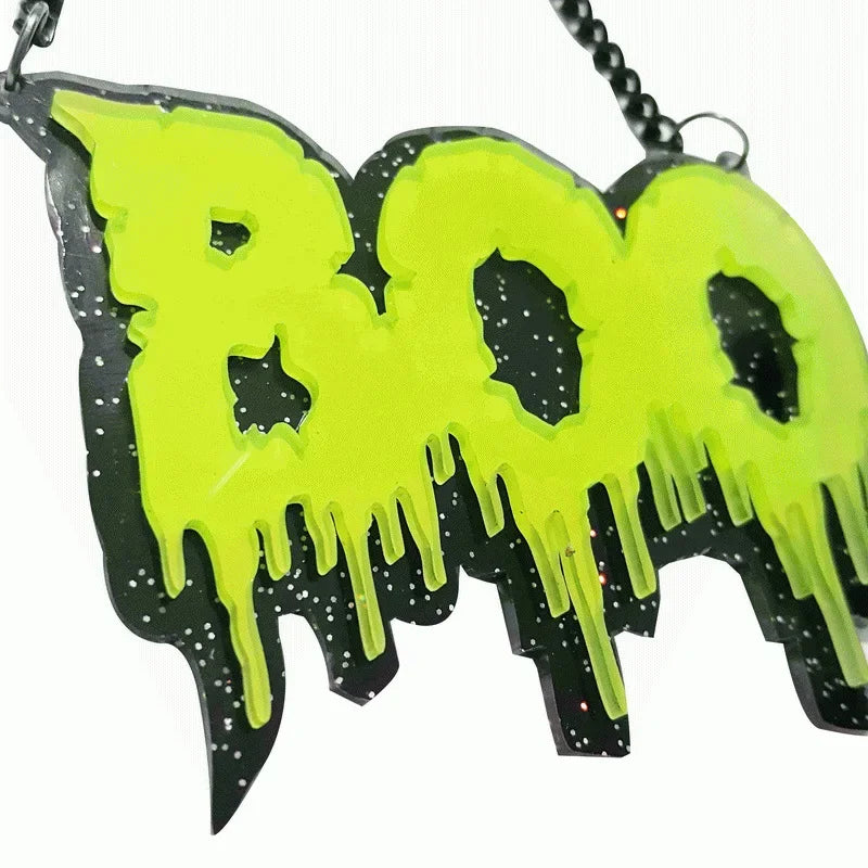 EtherealBe Halloween black letter necklace featuring a vibrant BOO design with dripping accents