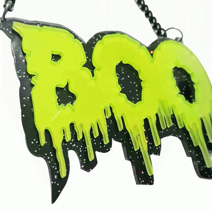 EtherealBe Halloween black letter necklace featuring a vibrant BOO design with dripping accents