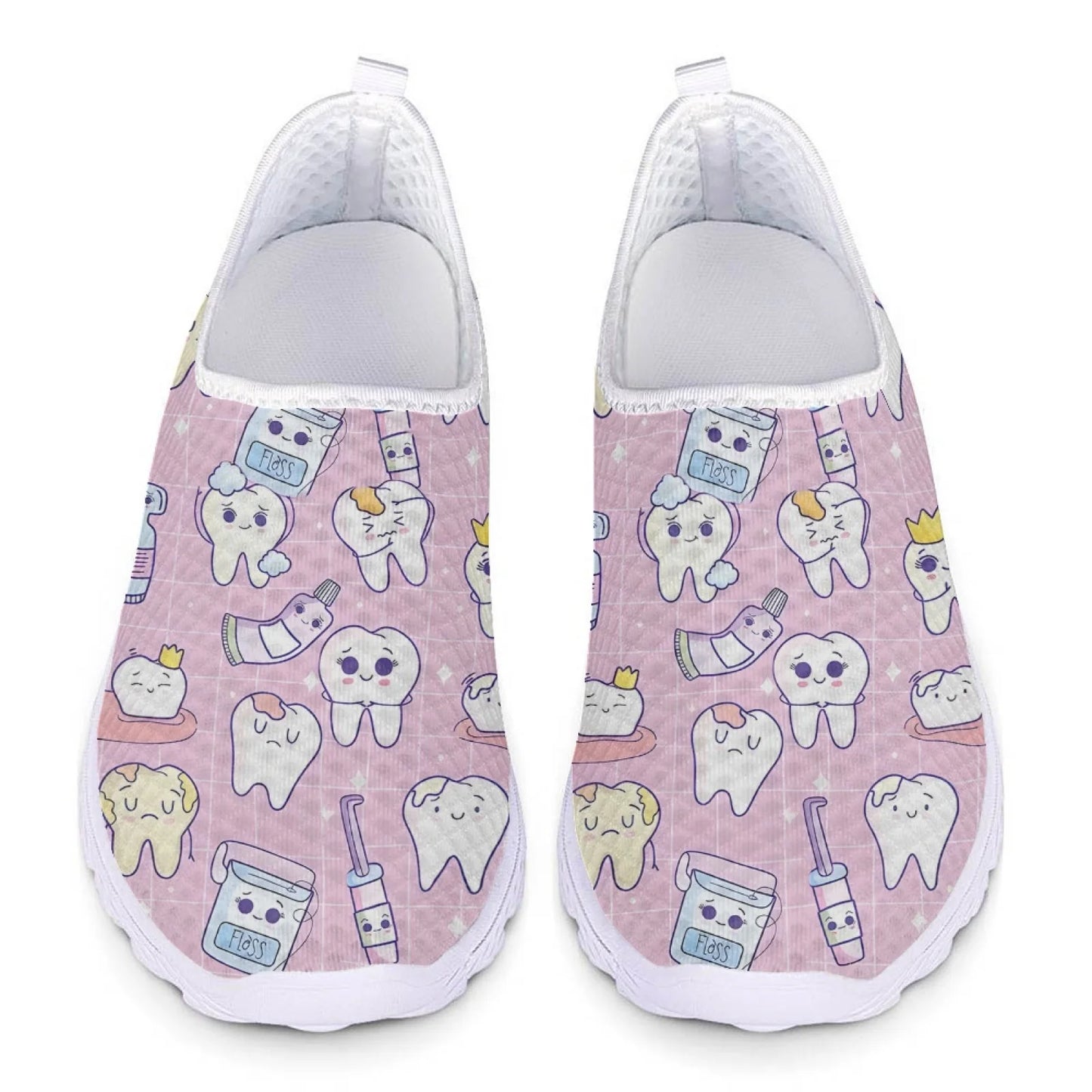 INSTANTARTS Cartoon Dental Loafers Pink Tooth Print Comfortable Breathable Shoes Medical Nurse Shoes Women's Slip On Shoes Flat