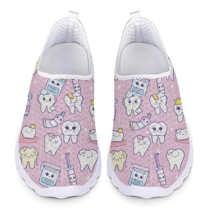 INSTANTARTS Cartoon Dental Loafers Pink Tooth Print Comfortable Breathable Shoes Medical Nurse Shoes Women's Slip On Shoes Flat