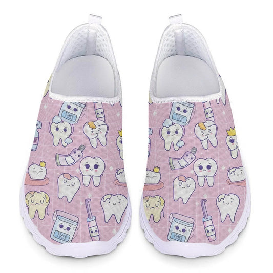 INSTANTARTS Cartoon Dental Loafers Pink Tooth Print Comfortable Breathable Shoes Medical Nurse Shoes Women's Slip On Shoes Flat