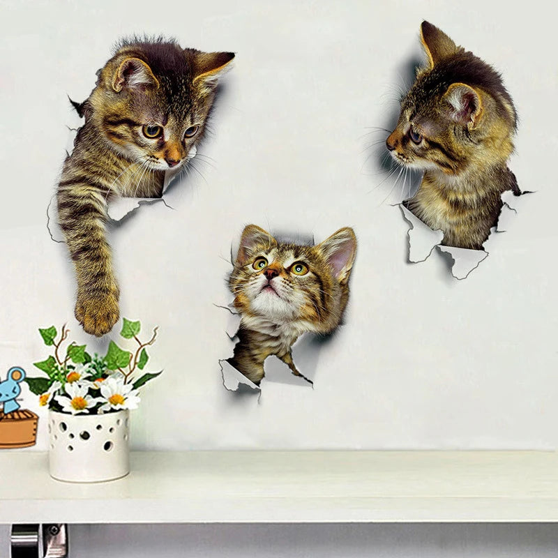 Cute Cute Cat 3D Cracked Wall Sticker Family Stickers Window Room Decorations Bathroom Home Decor