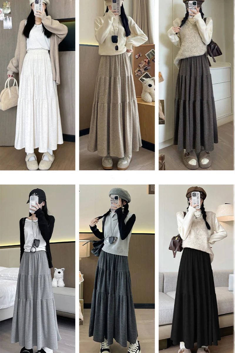 Autumn Casual Knit Pleated Skirt for Women Elegant Solid Color A Line Long Skirts Korean Streetwear High Waist Patchwork Skirt