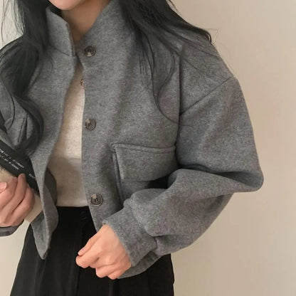 Autumn and Winter Loose Wool Coat for Women's Pocket Stand Collar Top Long Sleeve Button Hong Kong Style Wool Coat