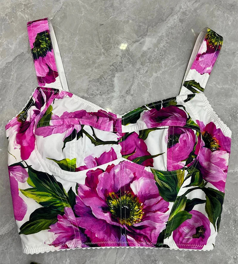 Elegant flower print sexy short tube top suspender top high waist big swing A-shaped skirt summer new two-piece women's suit