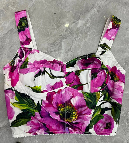 Elegant flower print sexy short tube top suspender top high waist big swing A-shaped skirt summer new two-piece women's suit