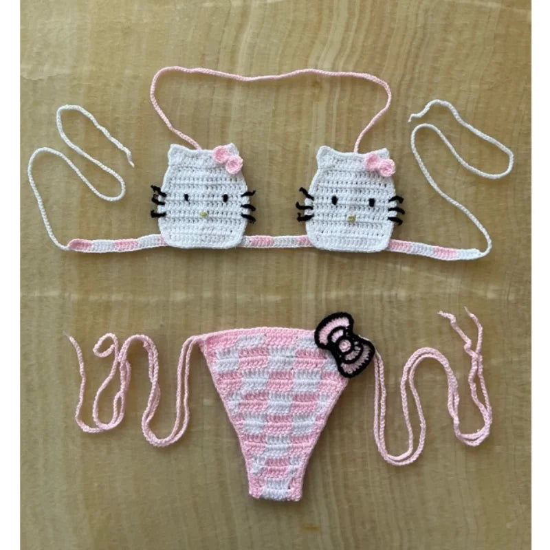 Sanrio Crochet Bikini Set Cute Girls Swimsuits Hello Kitty Sexy Bathing Suit Micro Ties Bikinis Beachwear Women Swimming Suit