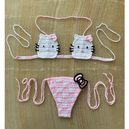 Sanrio Crochet Bikini Set Cute Girls Swimsuits Hello Kitty Sexy Bathing Suit Micro Ties Bikinis Beachwear Women Swimming Suit