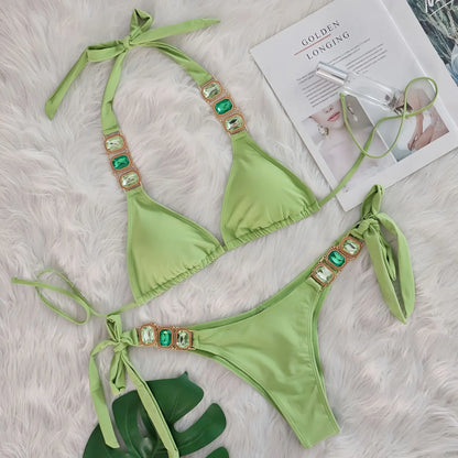 Sexy Rhinestone Bikini Set Women 2025 Luxury Pink Crystal Diamond Push Up Bandage Thong Swimsuit Beach Bathing Suit Swimwear