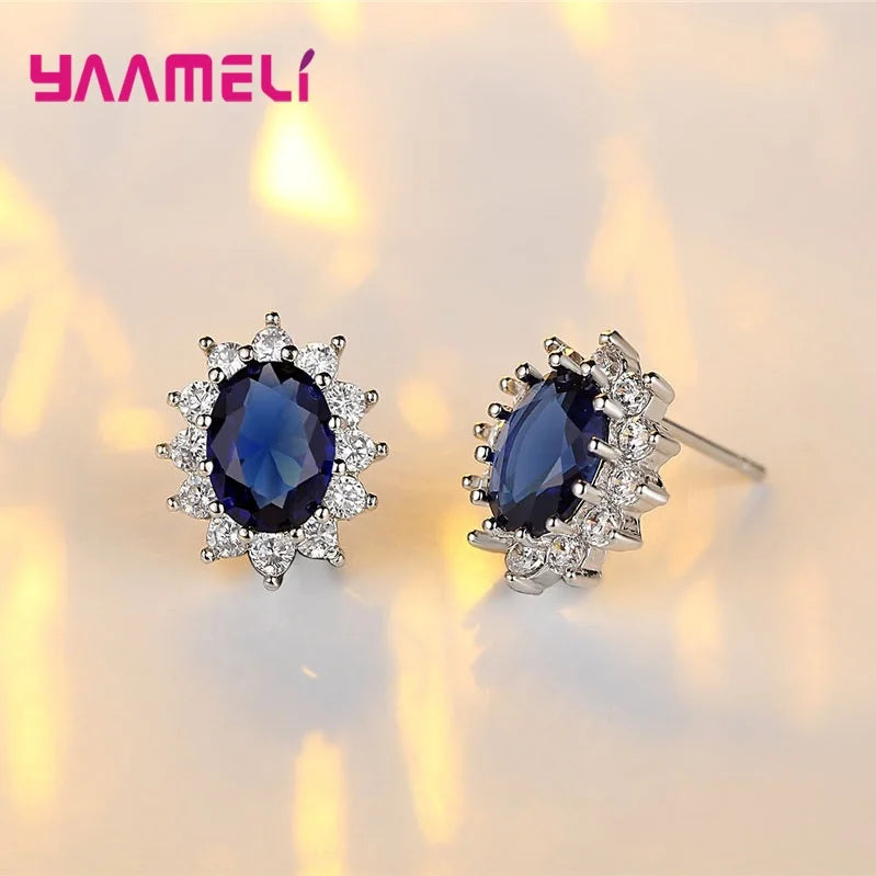 Authentic 925 Sterling Silver Plated Women Wedding Engagement Jewelry Sets Princess Oval Zircon Crystal Necklace Earrings Ring