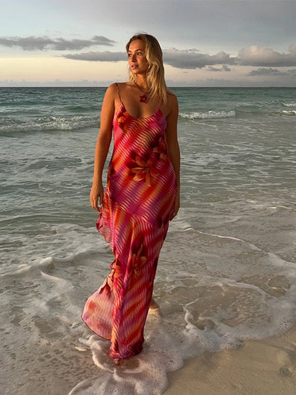 Printed Backless Women's Slip Dresses French Retro Romantic Irregular Hem Ruffles Edges Sexy Summer Y2K Suspender Long Dress