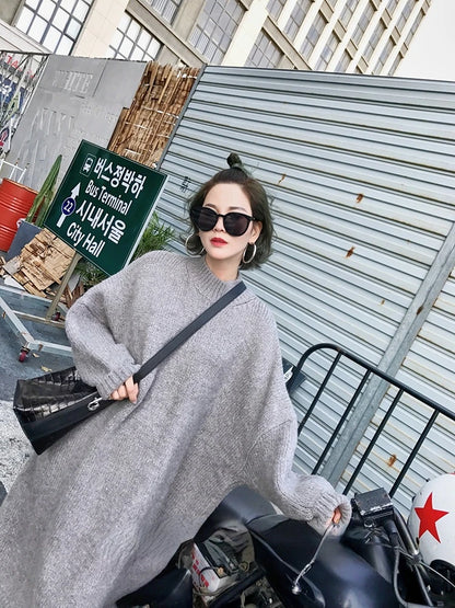 Winter Women Dress Fall Sweater Women Dress Long Sleeve Knitted Dresses Maxi Vintage Oversize Dresses Knitting Thick Warm Purple