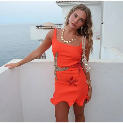 Prined Casual Women Star Mini Dress Fashion Sling Sleeveless Backless Pleat High Waist Robe 2025 New Female Beach Vacation Wear