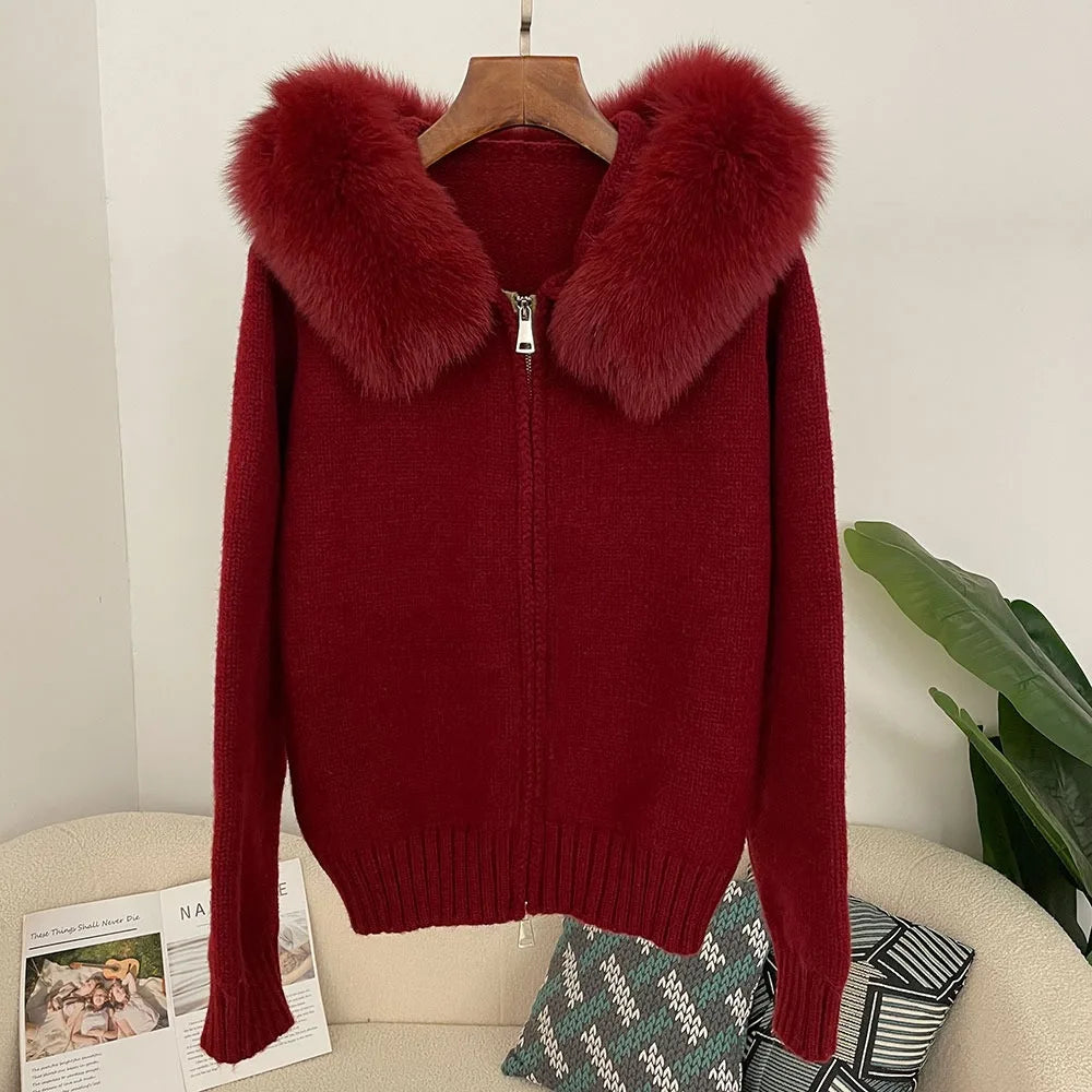 OFTBUY Real Fox Fur Kintwear Women 2025 New Spring Autumn Hooded Sweater Female Loose Zipper Kintted Jacket Oversized Cardigan