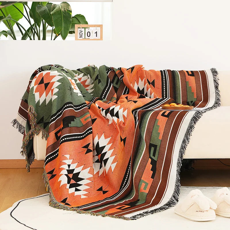 Retro Indian Style Thread Blanket Countryside Geometry Sofa Cobertor Hanging Tapestry Cotton Knitted Sofa Blanket for Bed Travel