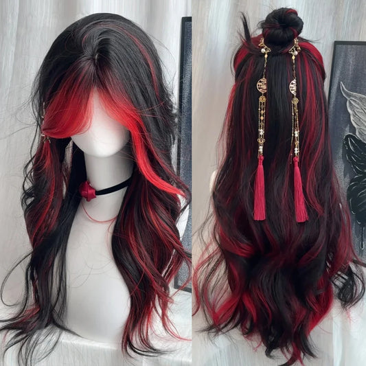 Black Ombre Red Layered Wig Synthetic Long Wavy Women Fluffy Lolita Style Cosplay Wig Middle Part for Daily Party