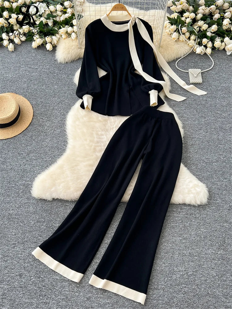 SINGREINY Office Lady Autumn Two Pieces Suits Ladies O Neck Lantern Sleeve Lace Up Top+Elastic Long Pants Fashion Knitting Sets