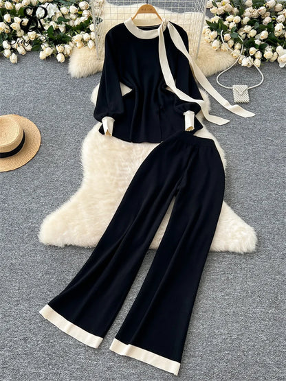 SINGREINY Office Lady Autumn Two Pieces Suits Ladies O Neck Lantern Sleeve Lace Up Top+Elastic Long Pants Fashion Knitting Sets
