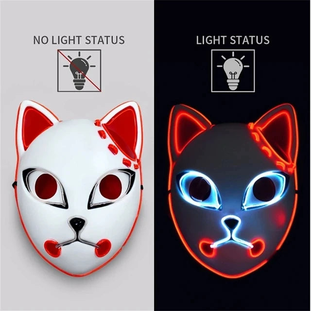 EtherealBe Halloween cat LED face mask glowing in blue and red for festive parties