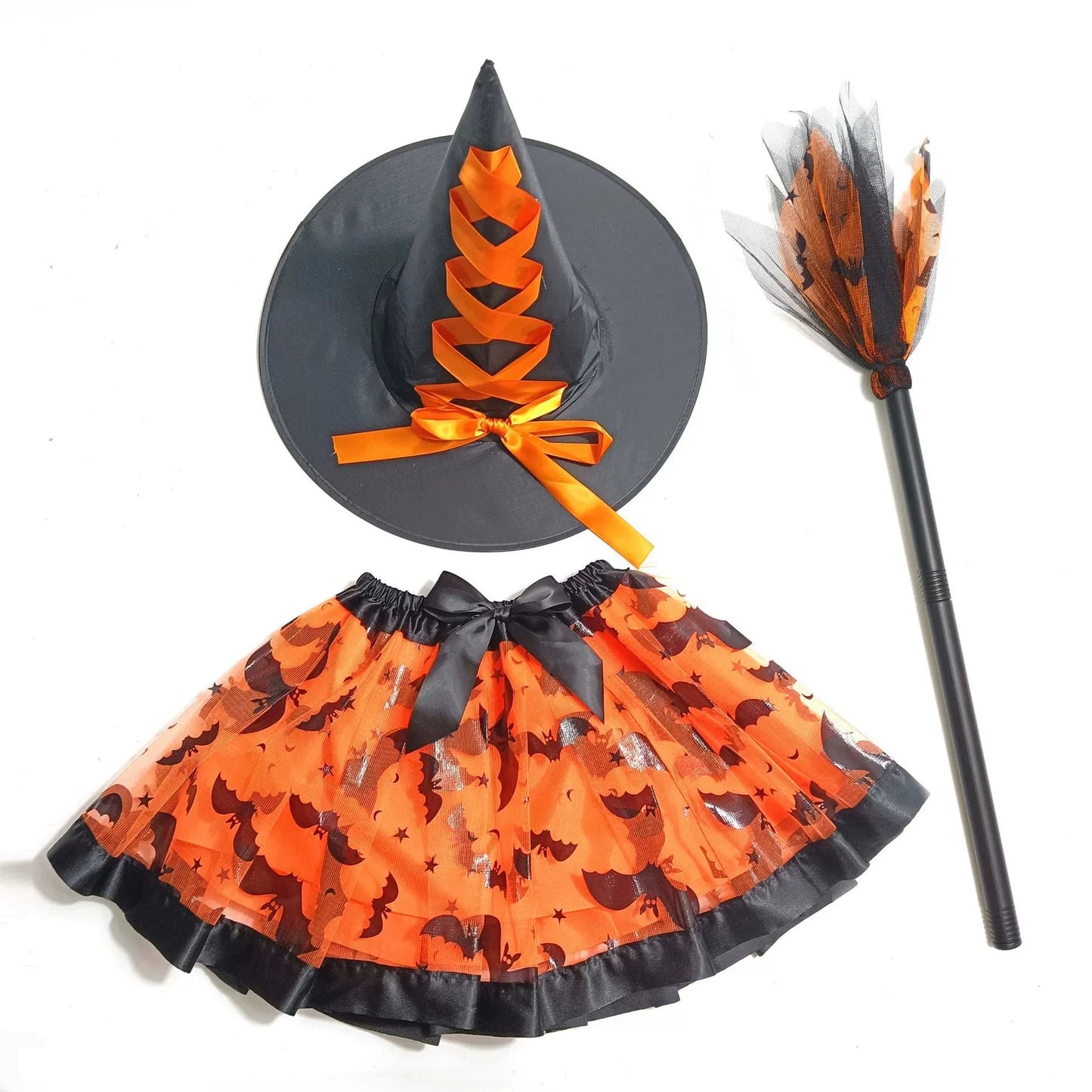 Halloween Adults Women Bat Pumpkin Witch Costume Set Tulle Skirt Hat Broom Skirt 3pcs/set,for Halloween Carnival Party Cosplay