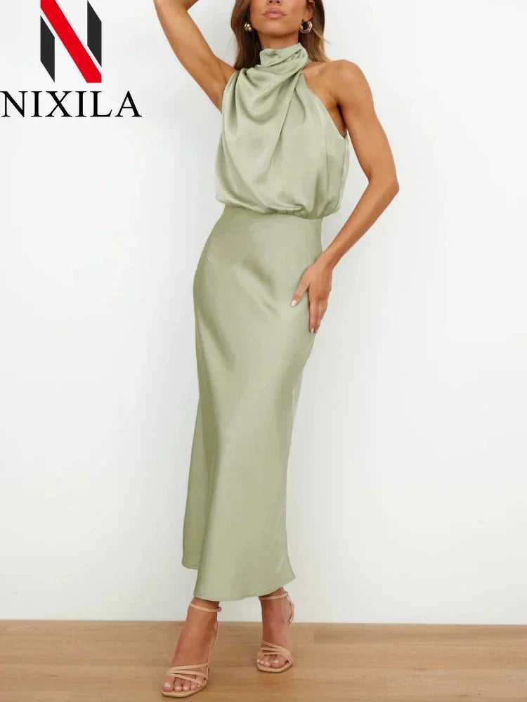 New Wedding Satin Silk Women Dresses Sexy Evening Party Sleeveless Off Shoulder Bodycon Elegant Maxi Dresses for Women Clothes