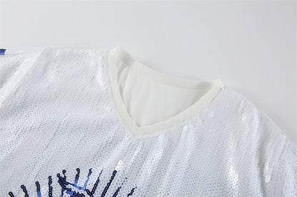 Runway Sequins Cartoon Letter Striped Digit Streetwear Short Sleeve T-Shirt Summer Hip Hop Night Club High Quality Women's Tops