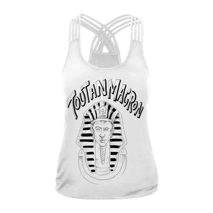 EtherealBe Halloween graphic workout tank tops for women featuring a Pharaoh design with crossed back straps