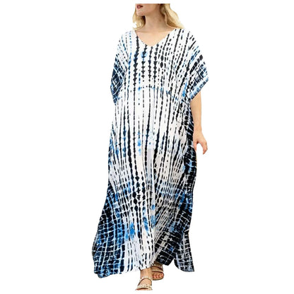 Womens Plus Size Kaftans Casual V Neck Puff Sleeve Boho Loose Floral Long Soft Beach Maxi Summer Swing Party Dresses For Women