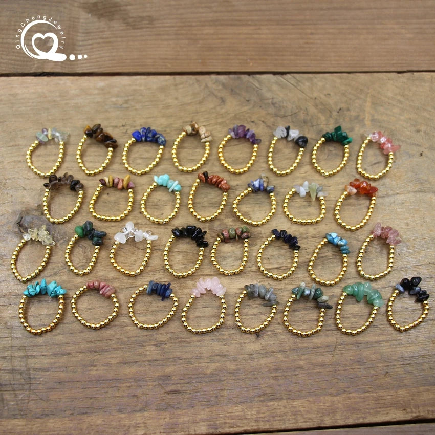 Healing Crystal Chip Stackable Rings Golds Brass Round Beads Natural Stone Gravel Stretchy Ring Fashion Women Jewelry,QC4218