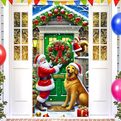 Christmas banner, Christmas dog holiday, Christmas welcome door banner, indoor and outdoor wall decoration, polyester