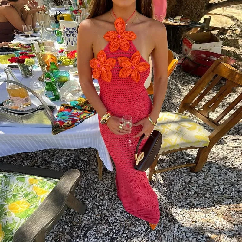 Sexy Crochet Hollow Out Long Halter Dress Women 3D Flower Backless Sleeveless Beach Dresses 2025 Summer Lady Vacation Robes New